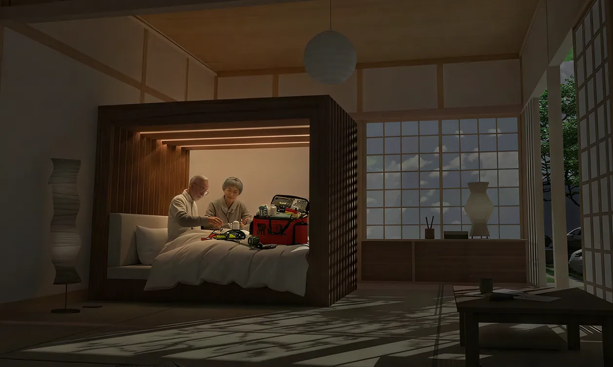 OKOMO SUITE shelter scene - earthquake protection